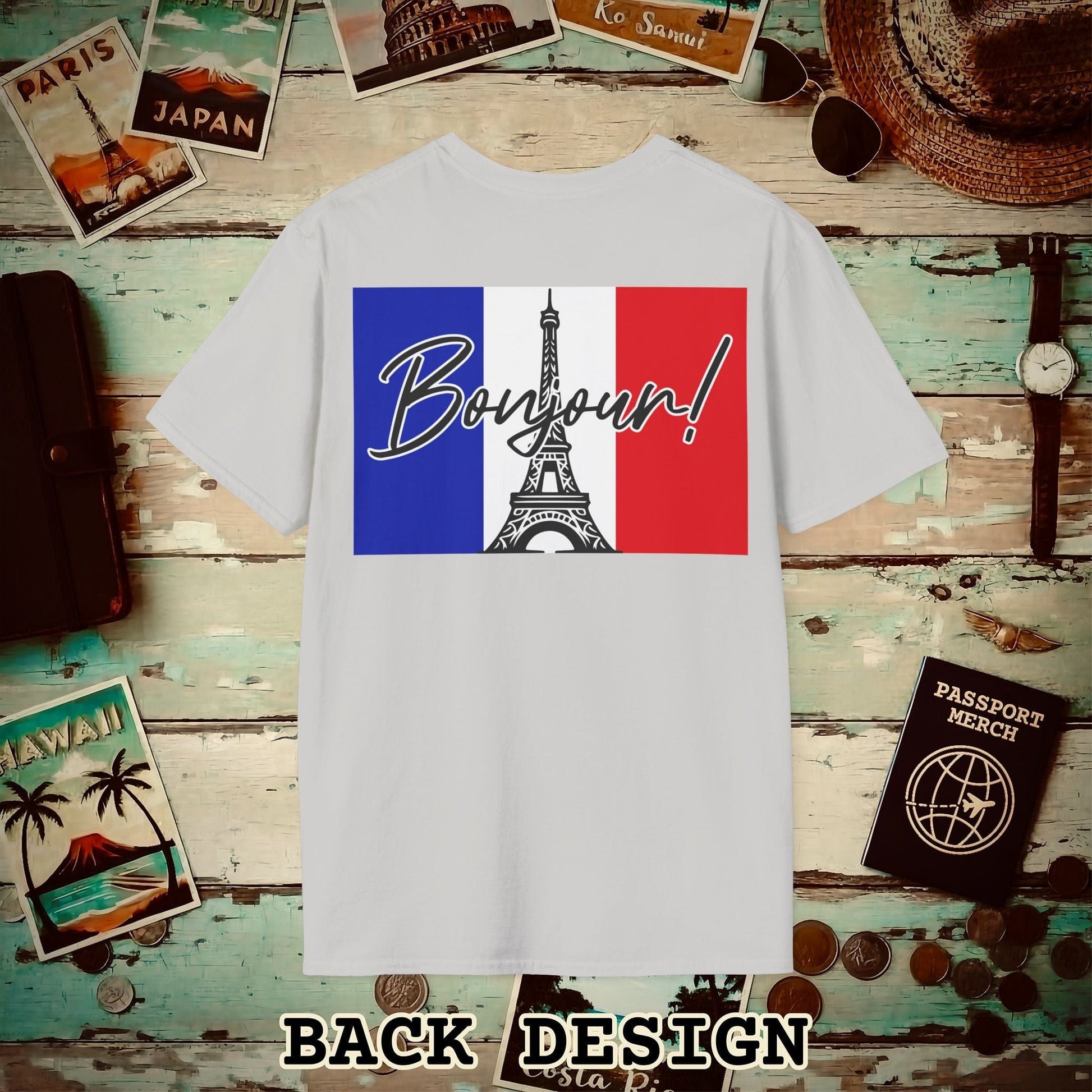 Bonjour Eiffel Tower Paris France Back Print T-Shirt Ice Grey / S