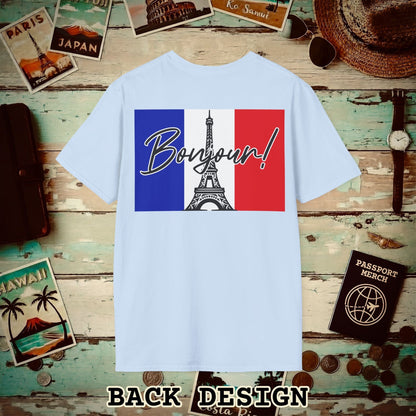 Bonjour Eiffel Tower Paris France Back Print T-Shirt Light Blue / S