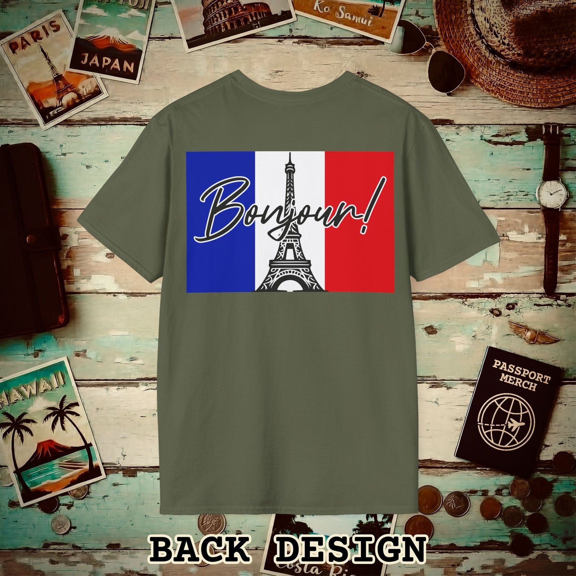 Bonjour Eiffel Tower Paris France Back Print T-Shirt Military Green / S