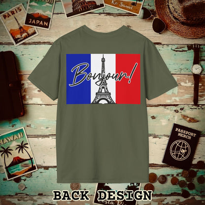 Bonjour Eiffel Tower Paris France Back Print T-Shirt Military Green / S
