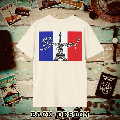 Bonjour Eiffel Tower Paris France Back Print T-Shirt Natural / S