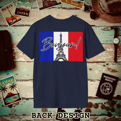 Bonjour Eiffel Tower Paris France Back Print T-Shirt Navy / S