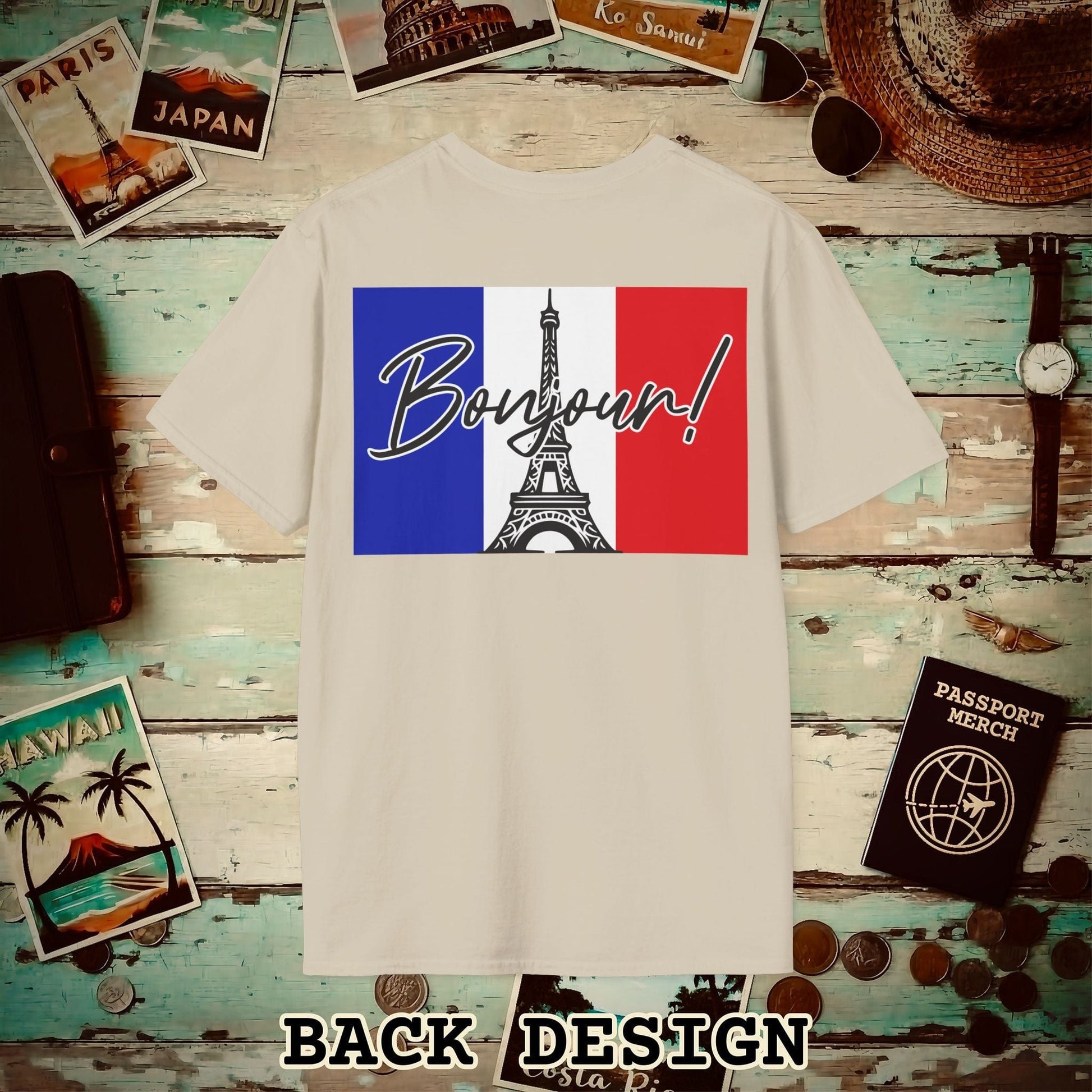 Bonjour Eiffel Tower Paris France Back Print T-Shirt Sand / S