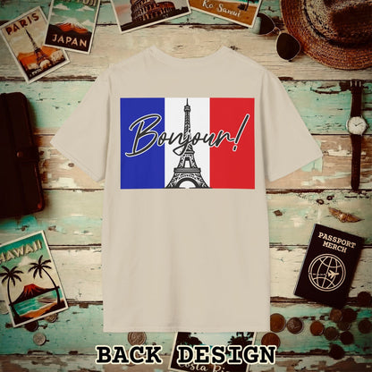 Bonjour Eiffel Tower Paris France Back Print T-Shirt Sand / S