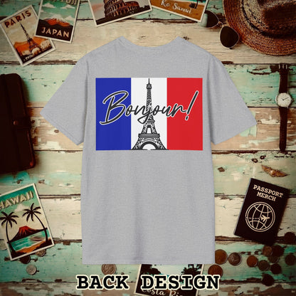 Bonjour Eiffel Tower Paris France Back Print T-Shirt Sport Grey / S