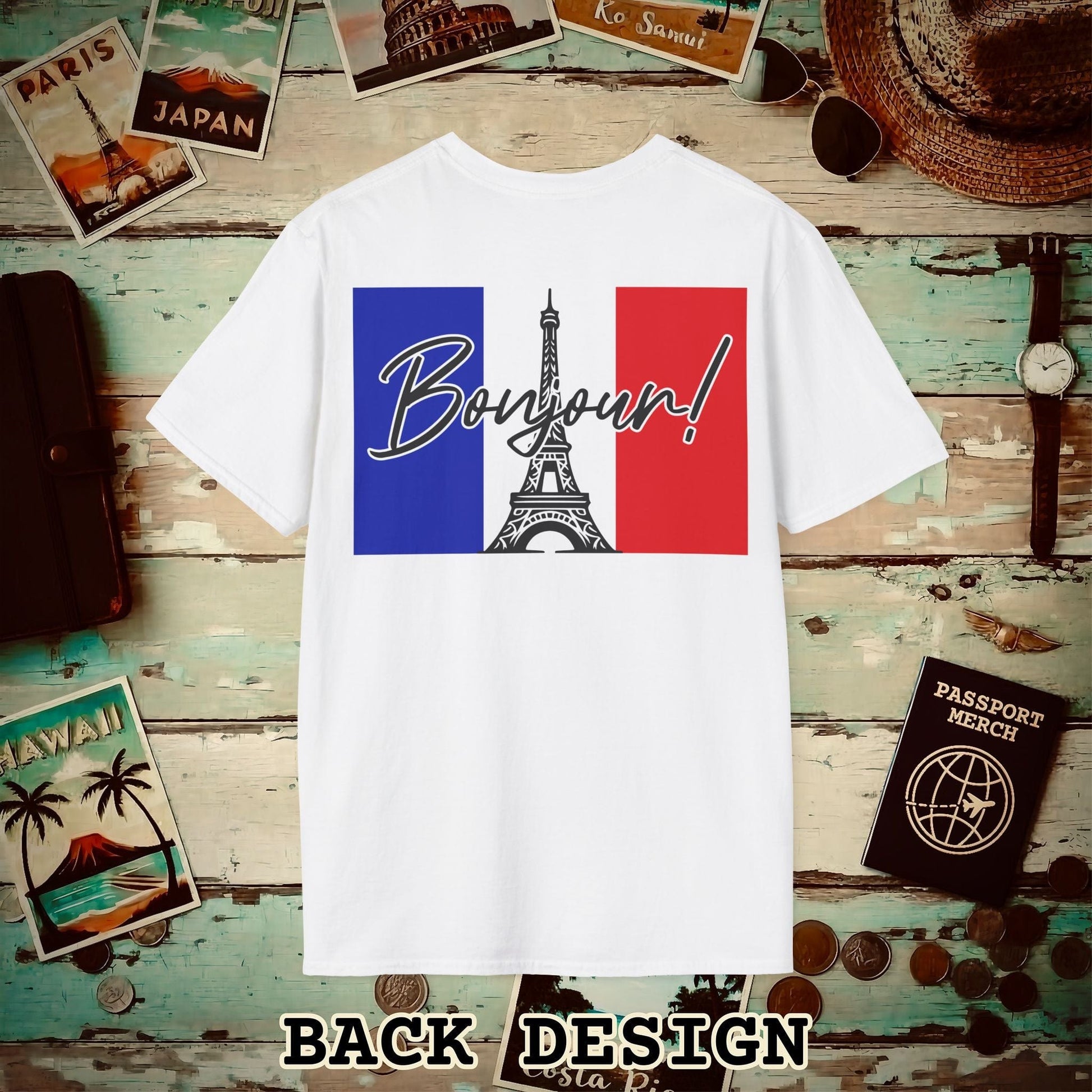 Bonjour Eiffel Tower Paris France Back Print T-Shirt White / S