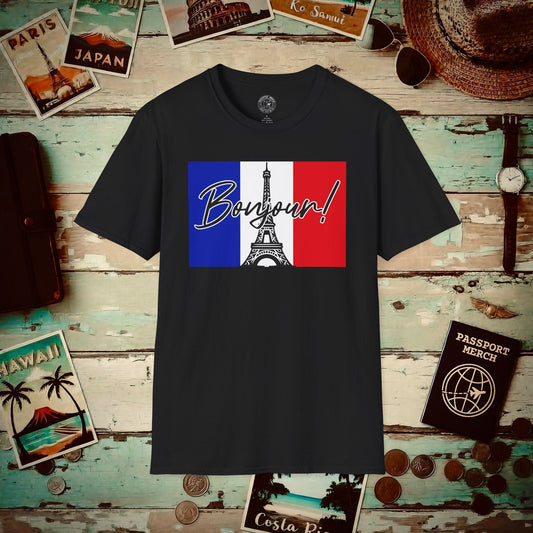 Bonjour Eiffel Tower Paris France T-Shirt Black / S