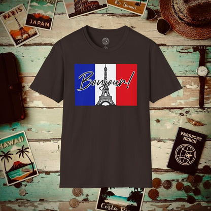 Bonjour Eiffel Tower Paris France T-Shirt Dark Chocolate / S