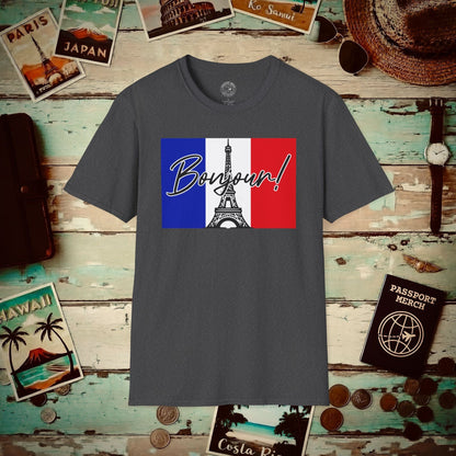 Bonjour Eiffel Tower Paris France T-Shirt Dark Heather / S