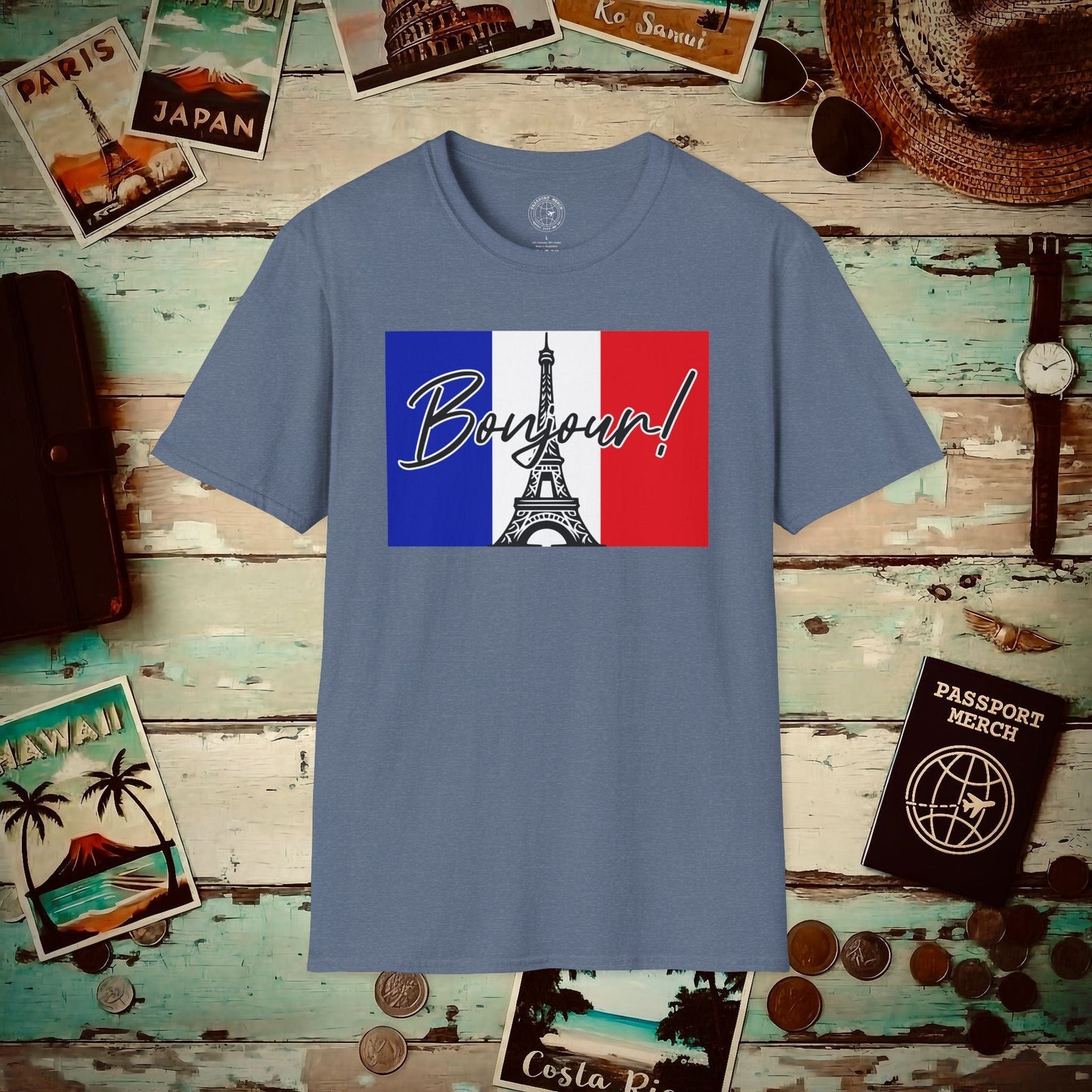 Bonjour Eiffel Tower Paris France T-Shirt Heather Indigo / S