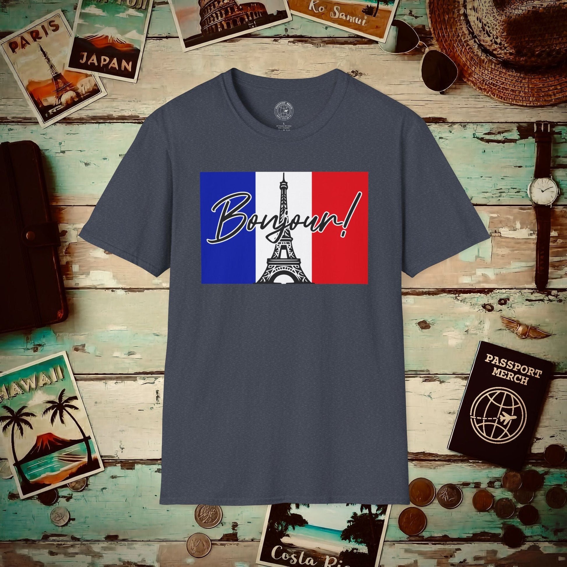 Bonjour Eiffel Tower Paris France T-Shirt Heather Navy / S