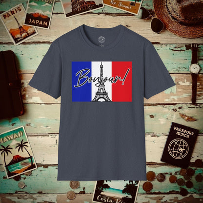 Bonjour Eiffel Tower Paris France T-Shirt Heather Navy / S