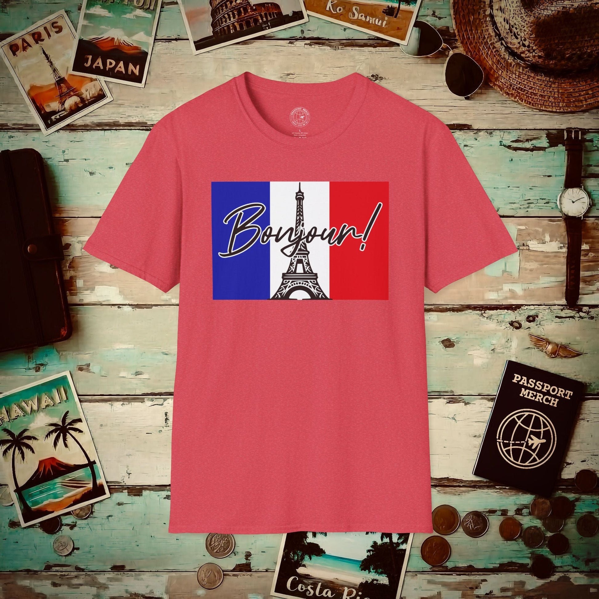 Bonjour Eiffel Tower Paris France T-Shirt Heather Red / S