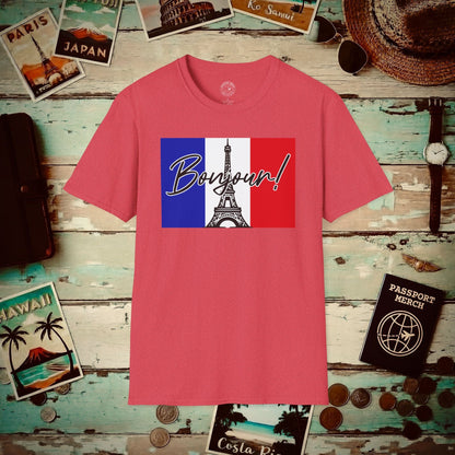 Bonjour Eiffel Tower Paris France T-Shirt Heather Red / S