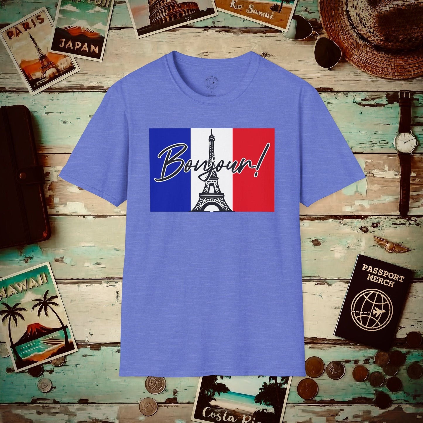 Bonjour Eiffel Tower Paris France T-Shirt Heather Royal / S