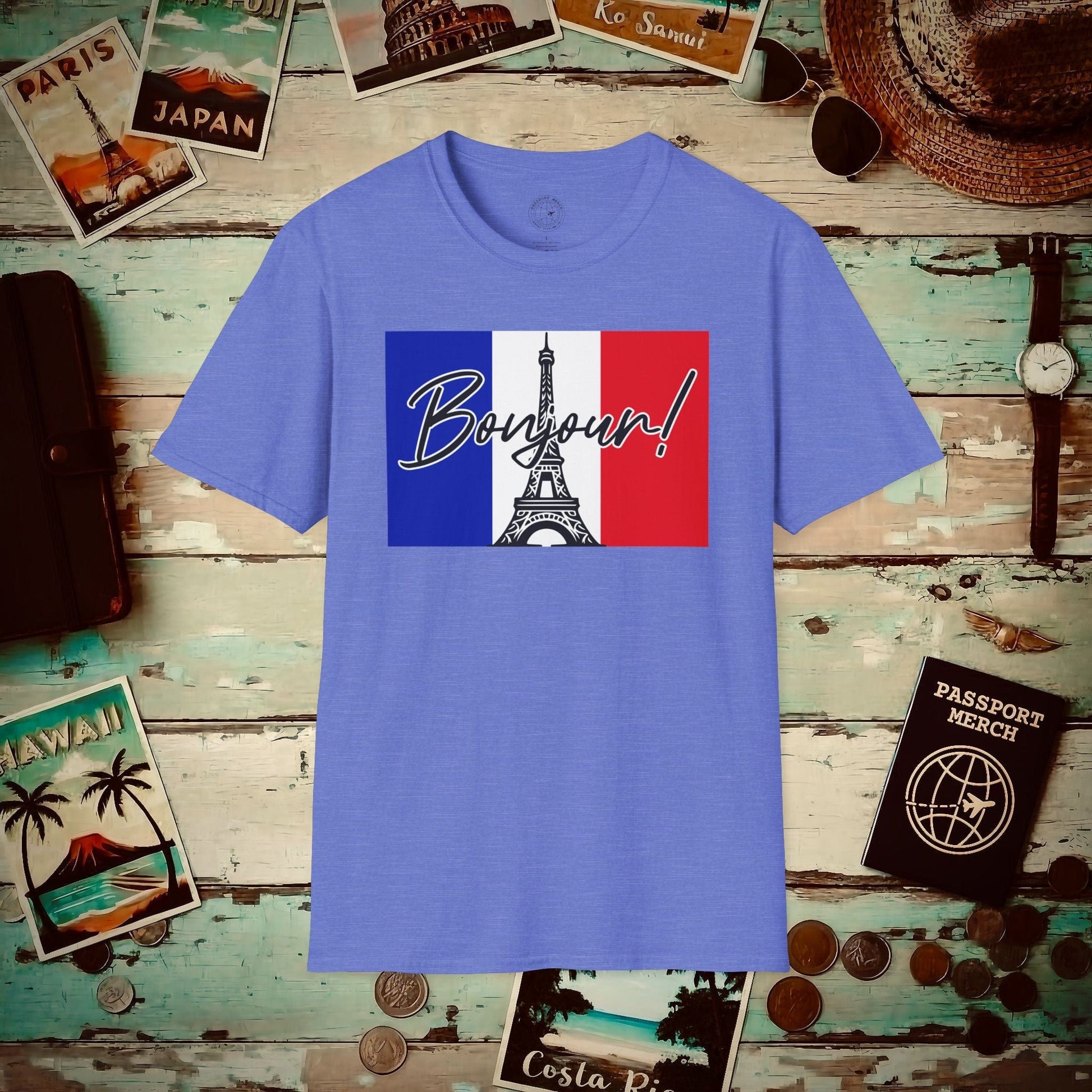 Bonjour Eiffel Tower Paris France T-Shirt Heather Royal / S