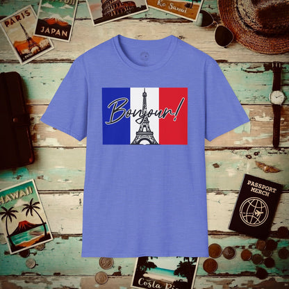 Bonjour Eiffel Tower Paris France T-Shirt Heather Royal / S