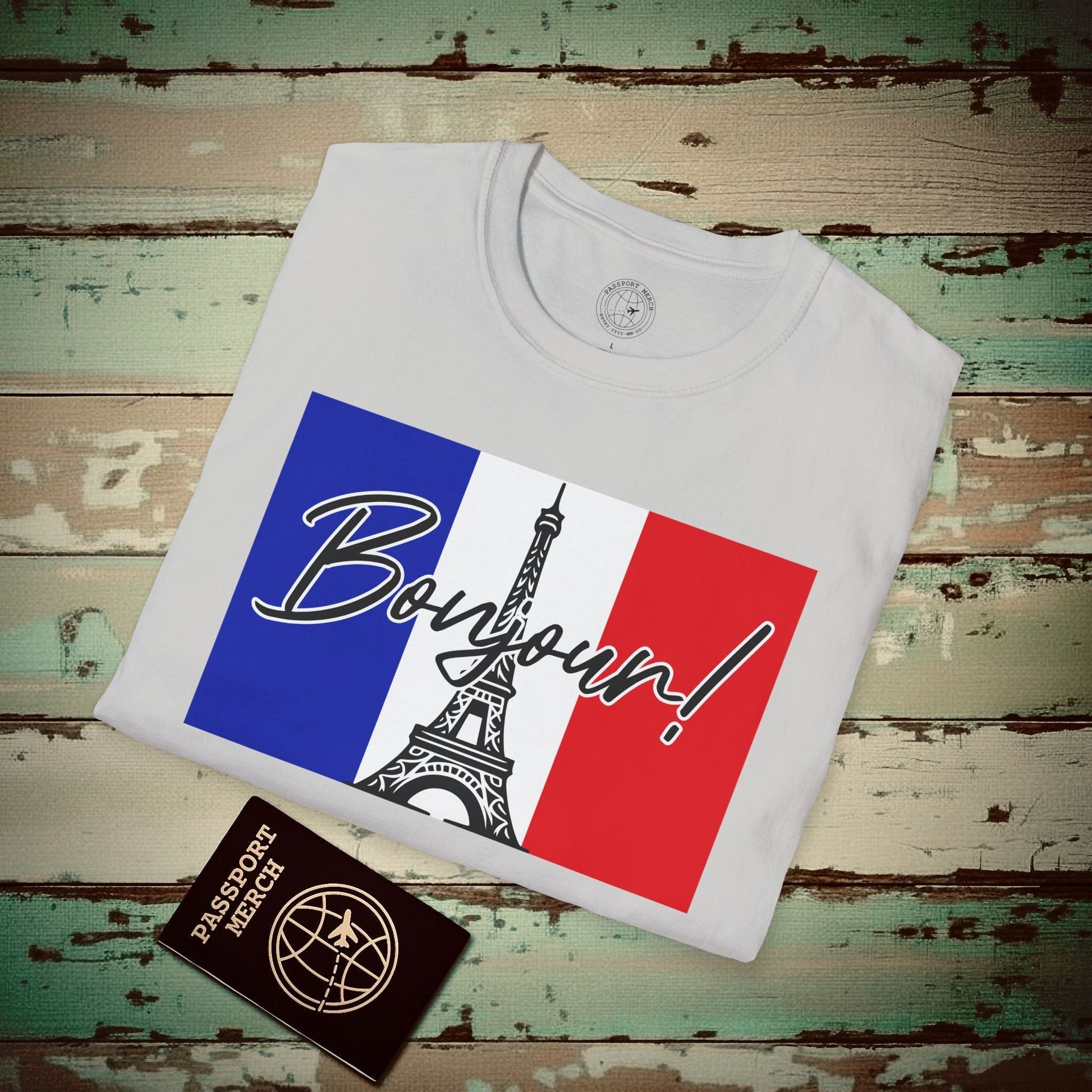 Bonjour Eiffel Tower Paris France T-Shirt Ice Grey / S