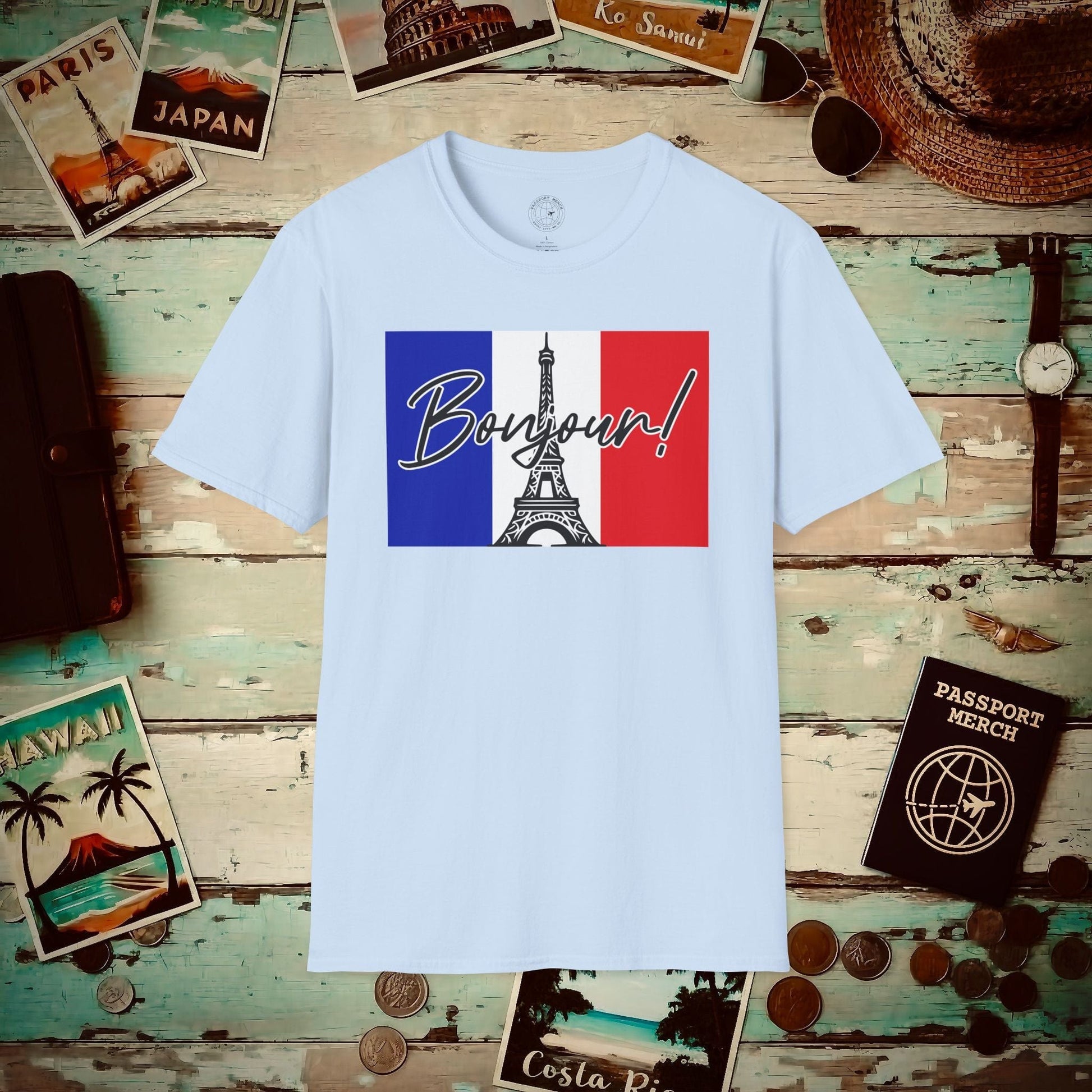 Bonjour Eiffel Tower Paris France T-Shirt Light Blue / S