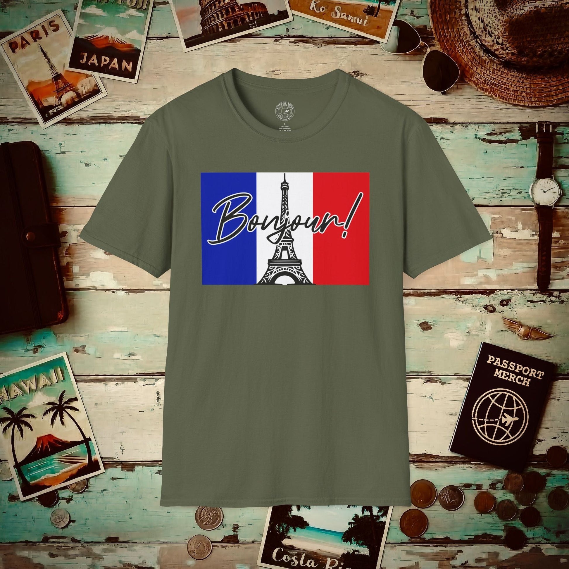 Bonjour Eiffel Tower Paris France T-Shirt Military Green / S
