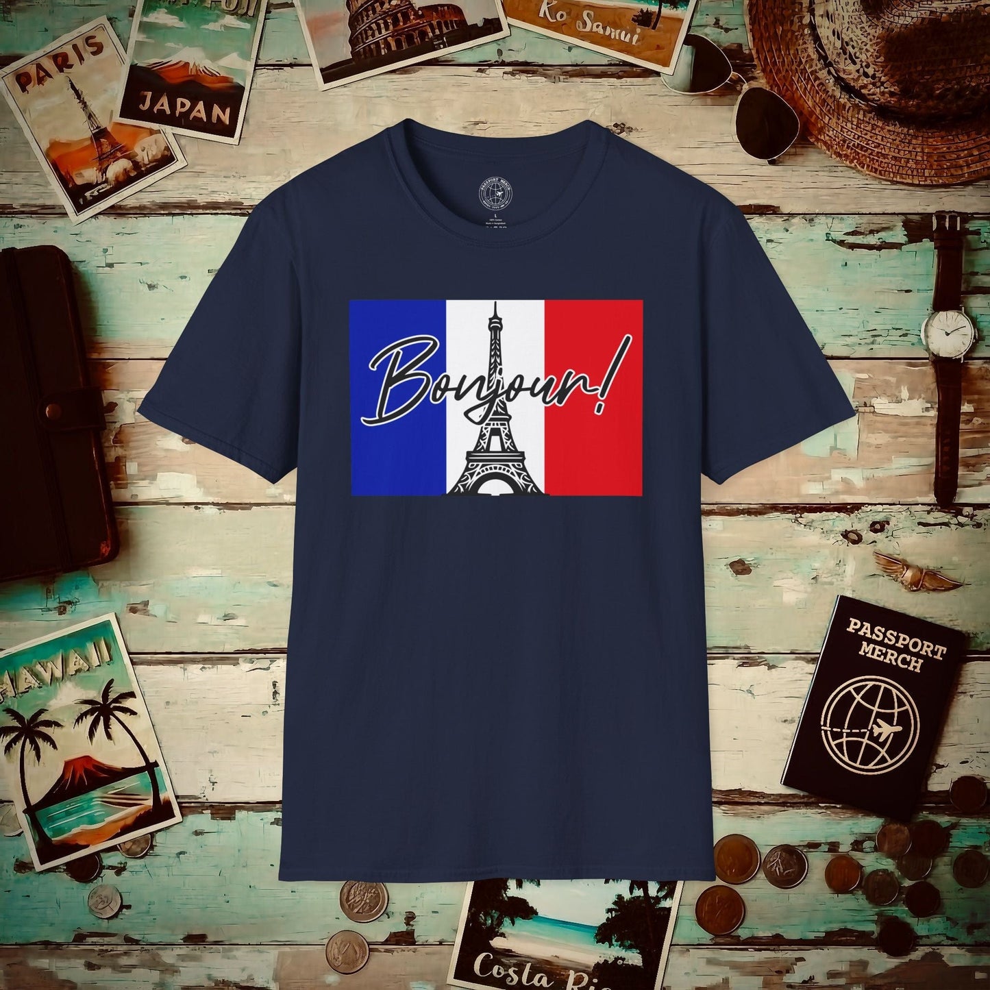 Bonjour Eiffel Tower Paris France T-Shirt Navy / S
