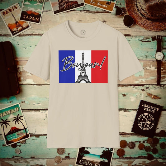 Bonjour Eiffel Tower Paris France T-Shirt Sand / S