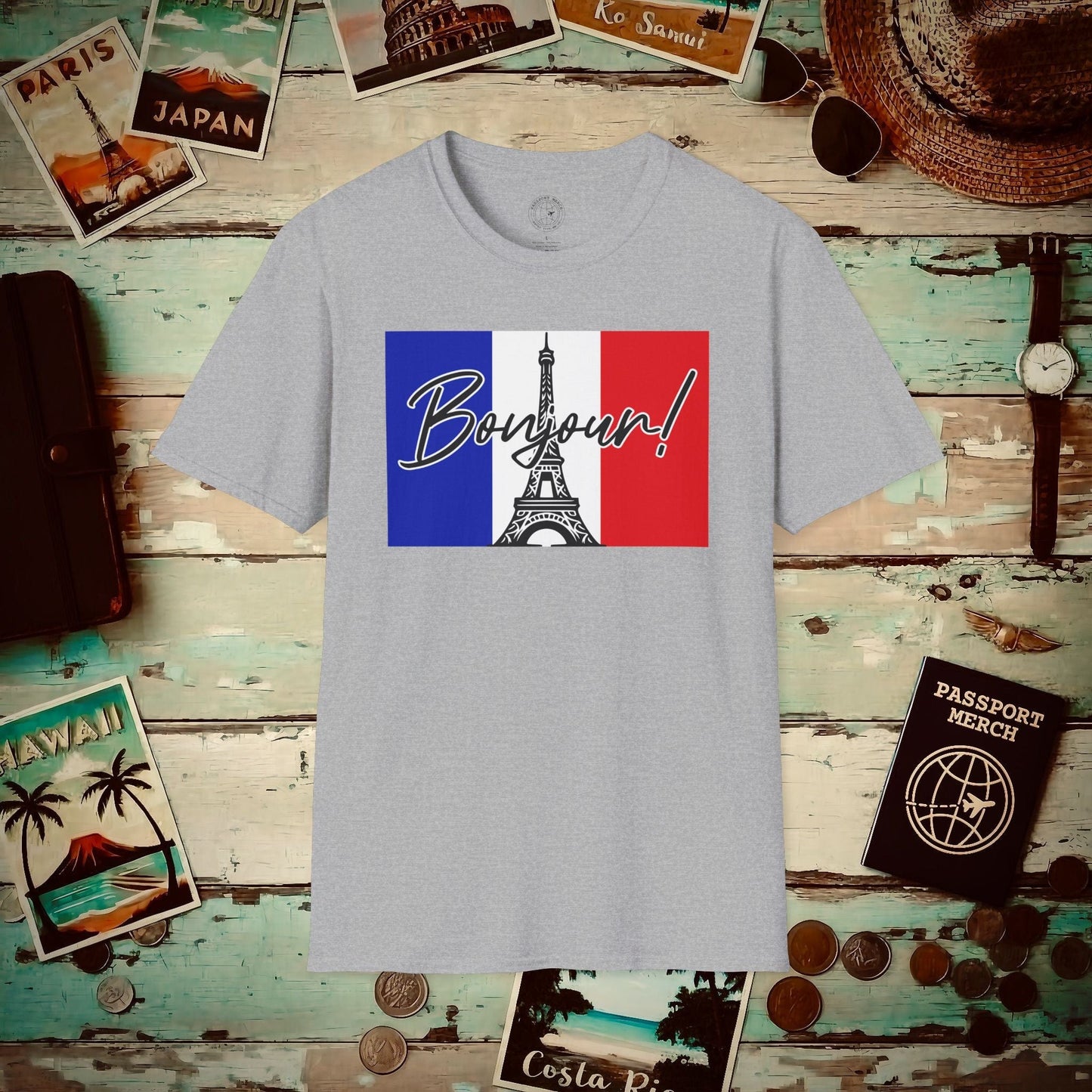 Bonjour Eiffel Tower Paris France T-Shirt Sport Grey / S