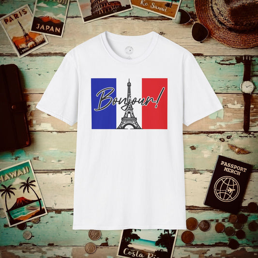 Bonjour Eiffel Tower Paris France T-Shirt White / S