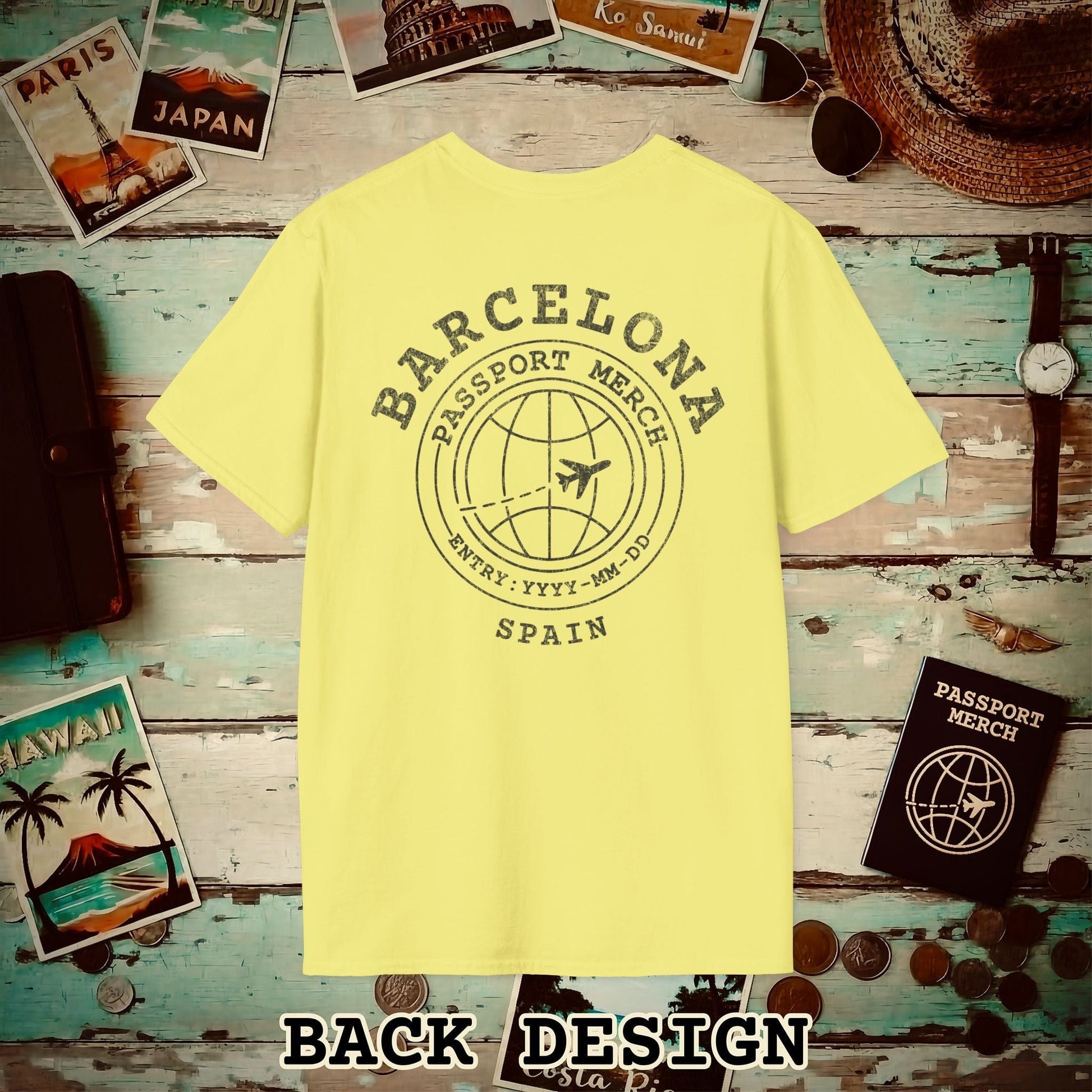 Brand Passport Stamp, Barcelona Spain, Back Print T-Shirt Cornsilk / S