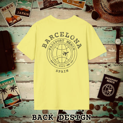 Brand Passport Stamp, Barcelona Spain, Back Print T-Shirt Cornsilk / S