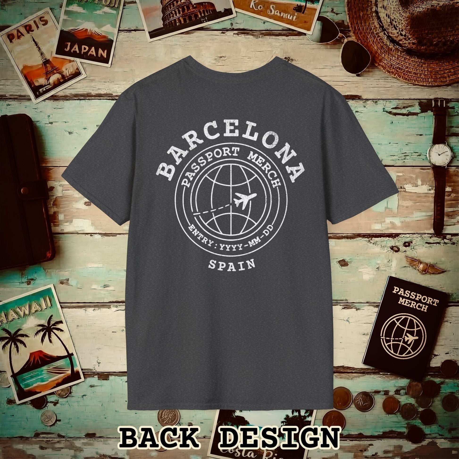 Brand Passport Stamp, Barcelona Spain, Back Print T-Shirt Dark Heather / S