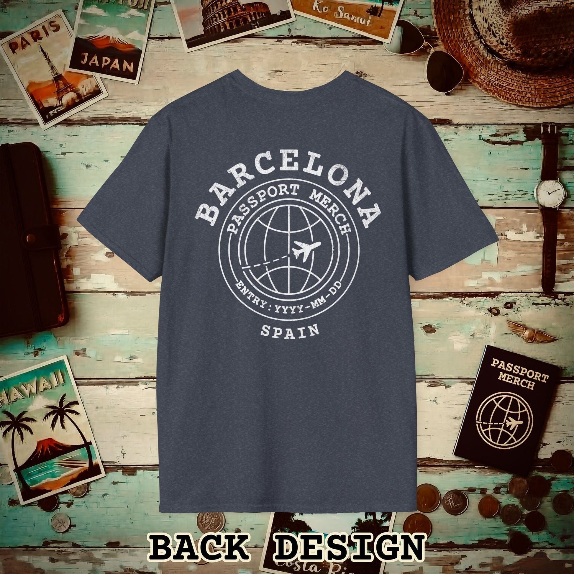 Brand Passport Stamp, Barcelona Spain, Back Print T-Shirt Heather Navy / S