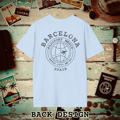 Brand Passport Stamp, Barcelona Spain, Back Print T-Shirt Light Blue / S