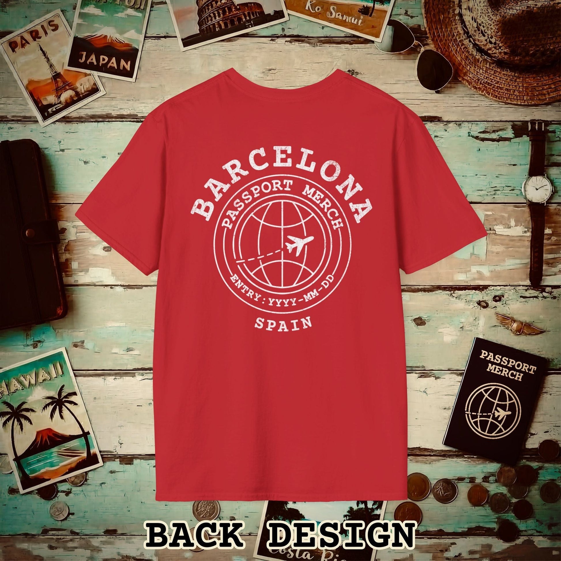 Brand Passport Stamp, Barcelona Spain, Back Print T-Shirt Red / S