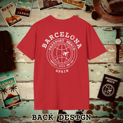 Brand Passport Stamp, Barcelona Spain, Back Print T-Shirt Red / S