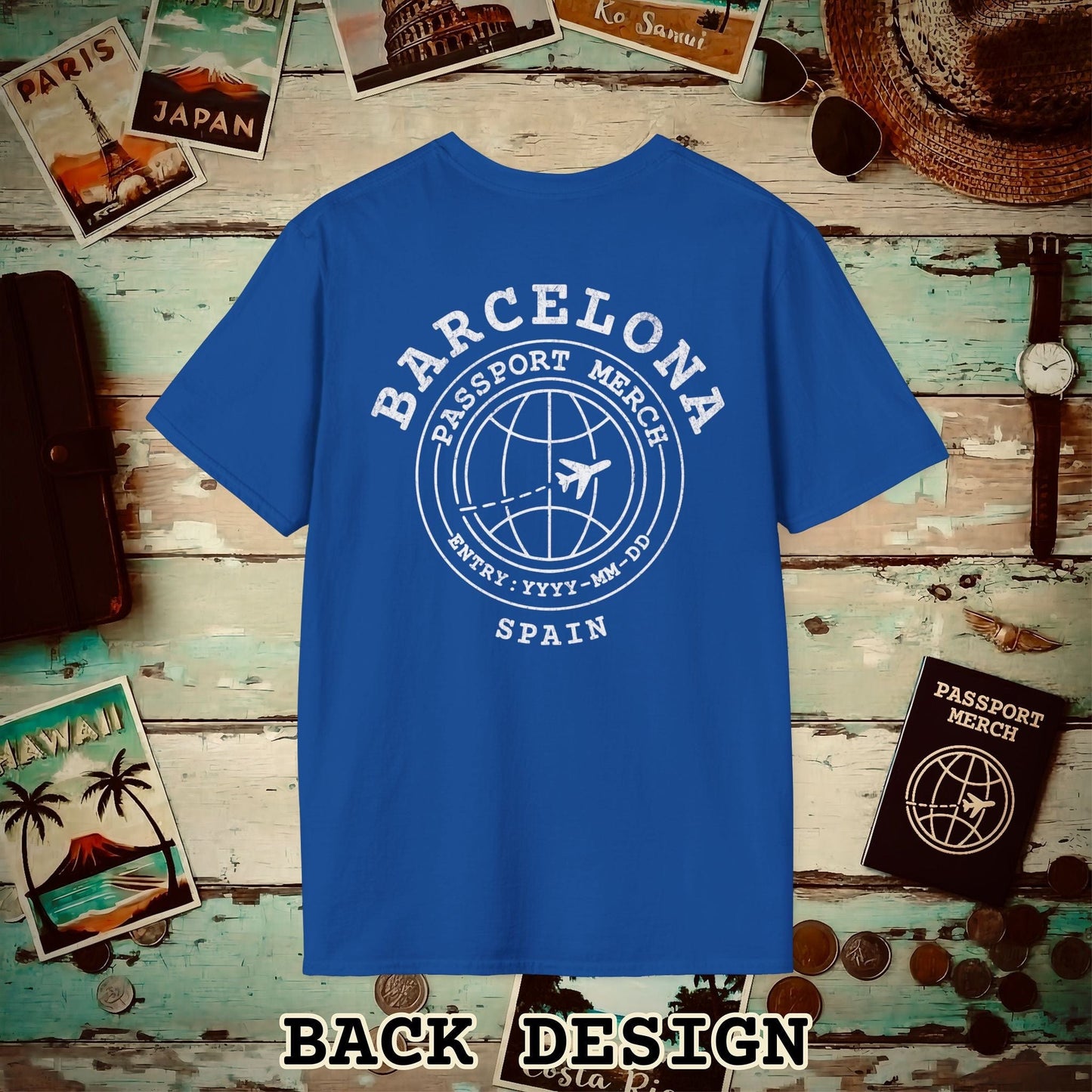 Brand Passport Stamp, Barcelona Spain, Back Print T-Shirt Royal / S