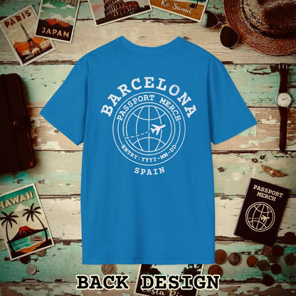 Brand Passport Stamp, Barcelona Spain, Back Print T-Shirt Sapphire / S