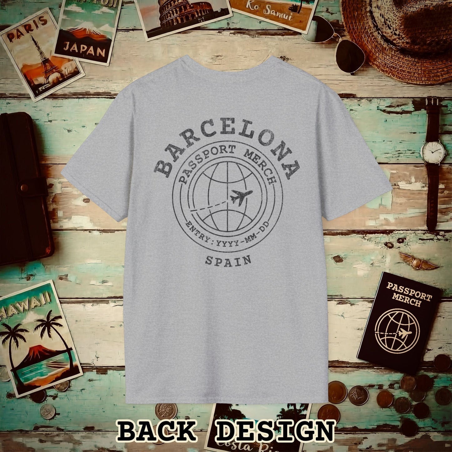 Brand Passport Stamp, Barcelona Spain, Back Print T-Shirt Sport Grey / S