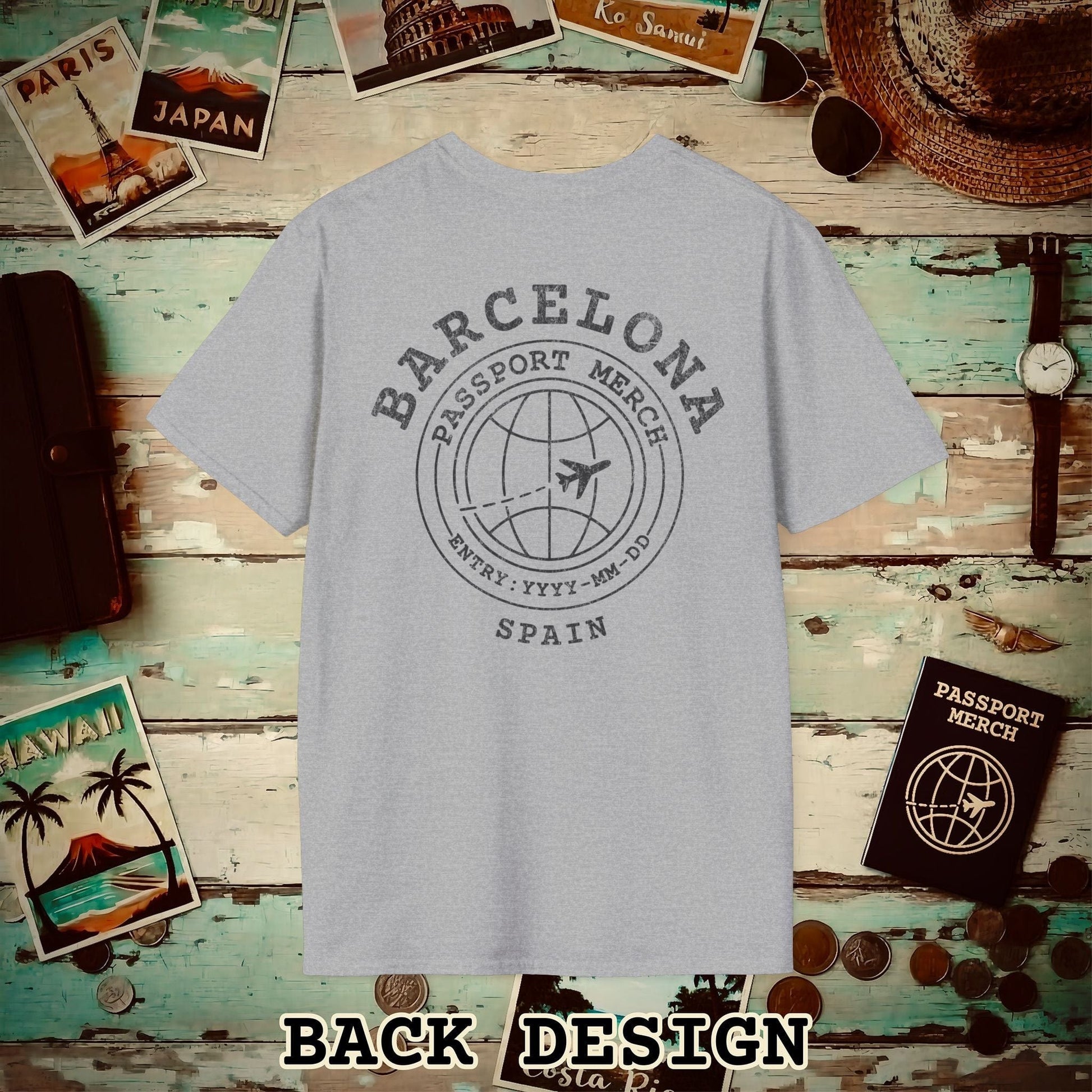 Brand Passport Stamp, Barcelona Spain, Back Print T-Shirt Sport Grey / S