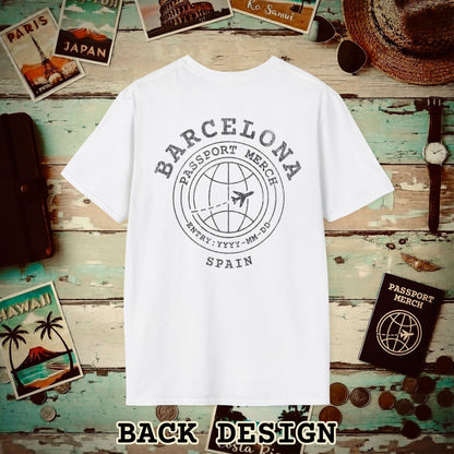 Brand Passport Stamp, Barcelona Spain, Back Print T-Shirt White / S