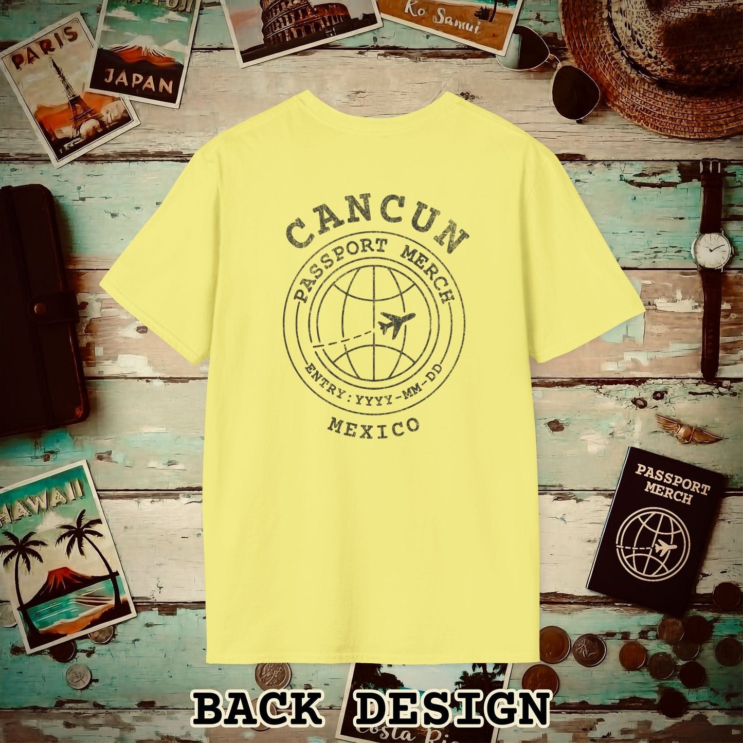 Brand Passport Stamp, Cancun Mexico, Back Print T-Shirt Cornsilk / S