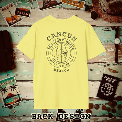 Brand Passport Stamp, Cancun Mexico, Back Print T-Shirt Cornsilk / S