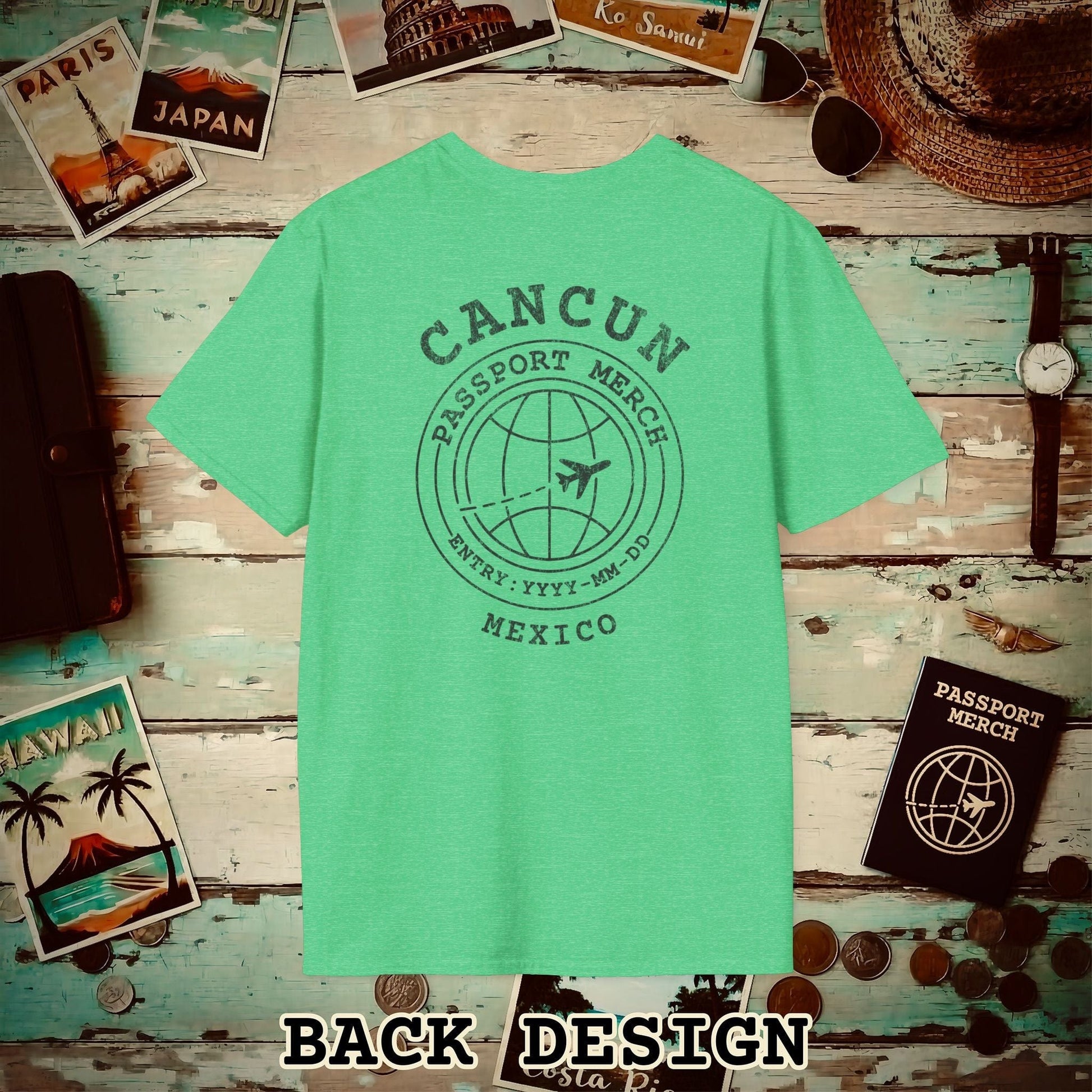 Brand Passport Stamp, Cancun Mexico, Back Print T-Shirt Heather Irish Green / S