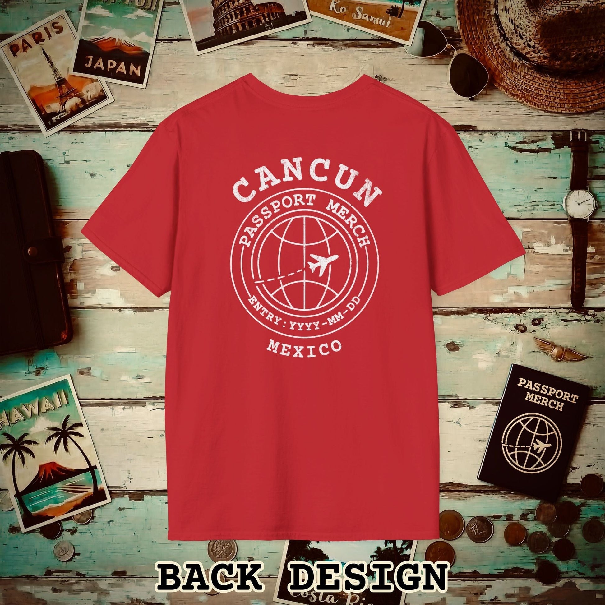 Brand Passport Stamp, Cancun Mexico, Back Print T-Shirt Red / S