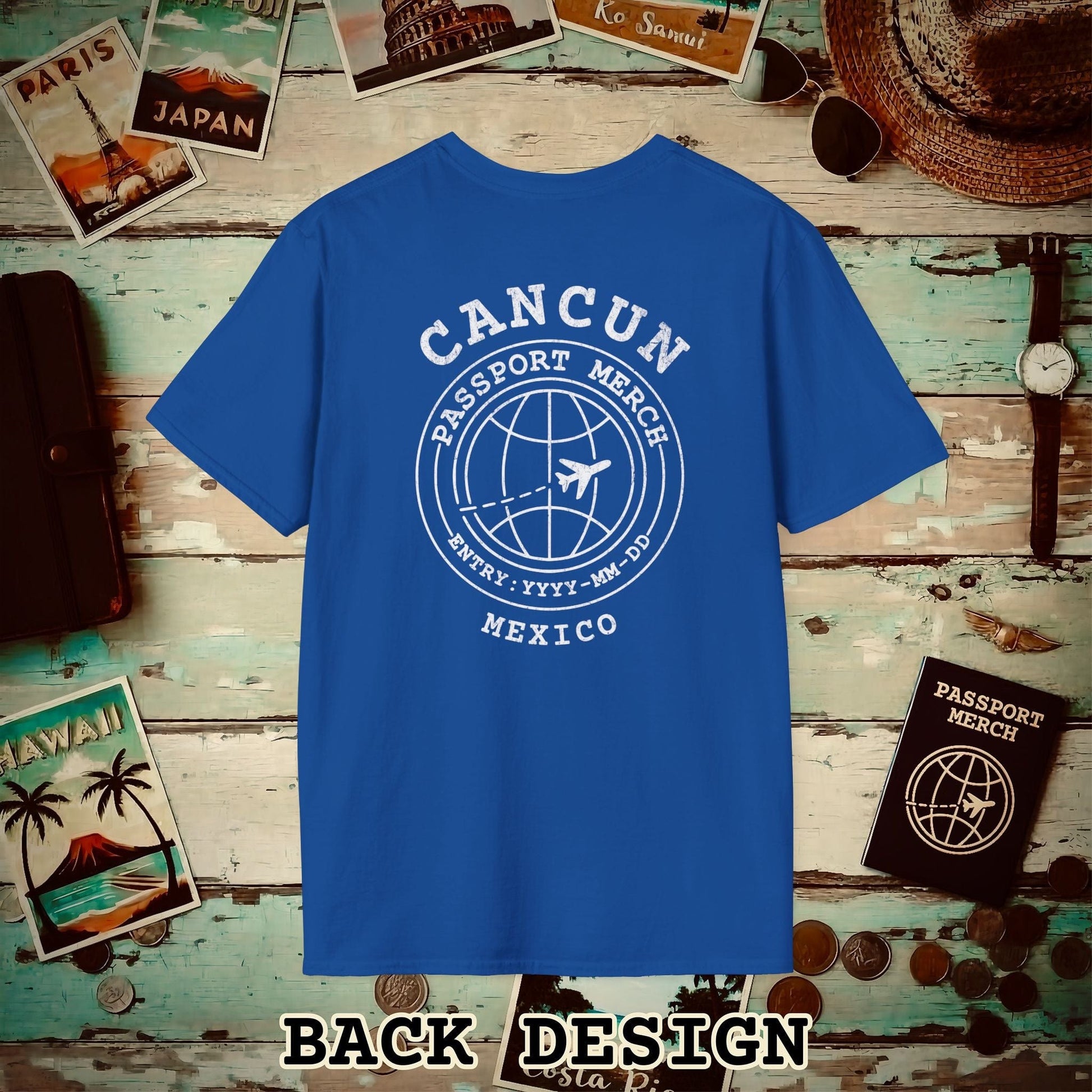 Brand Passport Stamp, Cancun Mexico, Back Print T-Shirt Royal / S