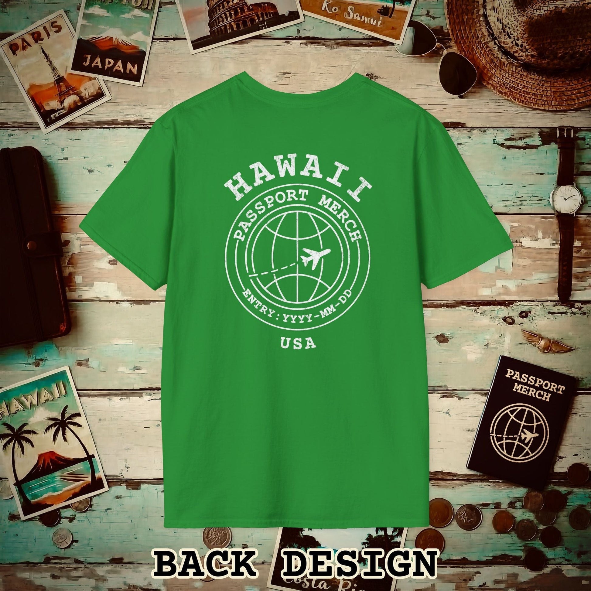 Brand Passport Stamp, Hawaii, Back Print T-Shirt Irish Green / S