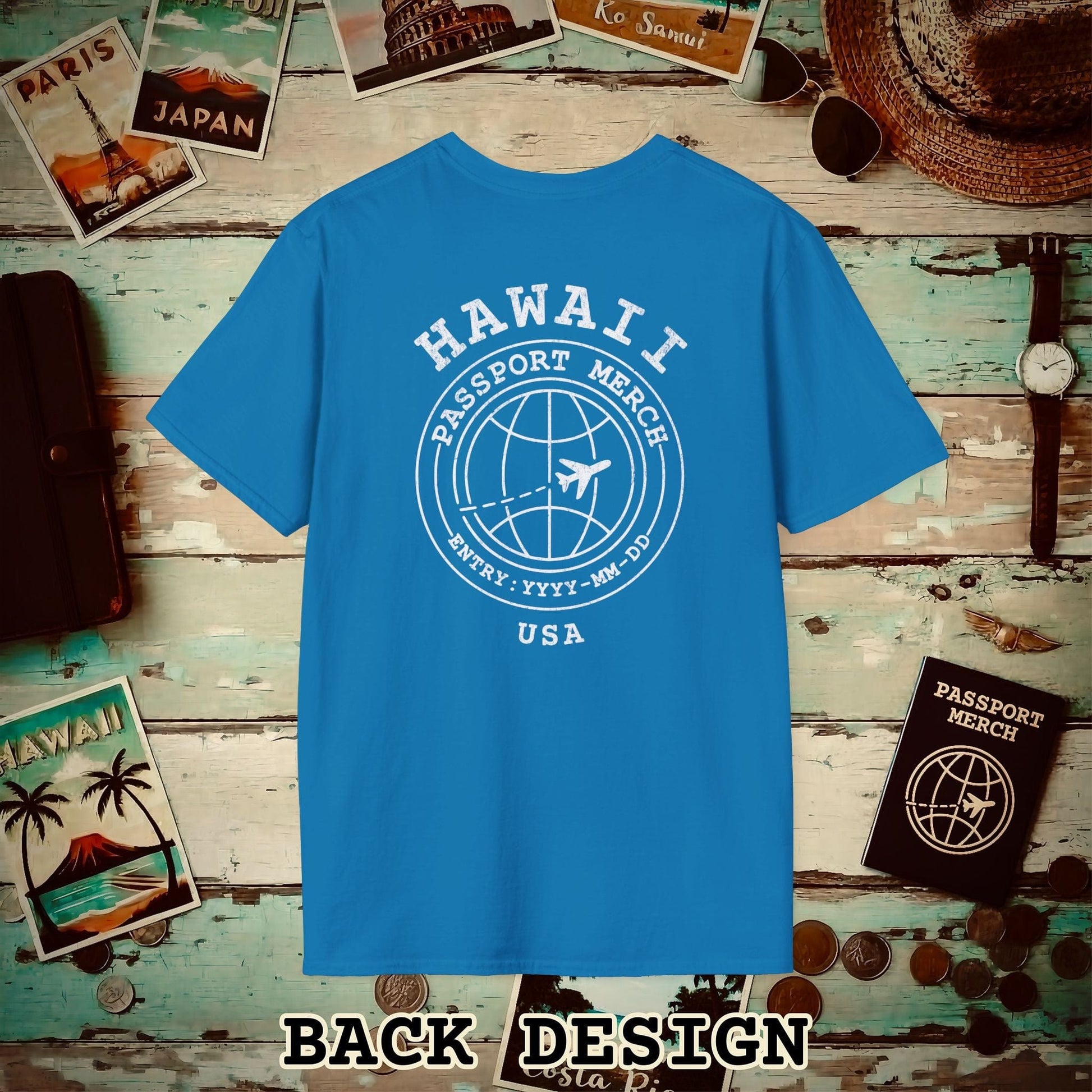 Brand Passport Stamp, Hawaii, Back Print T-Shirt Sapphire / S