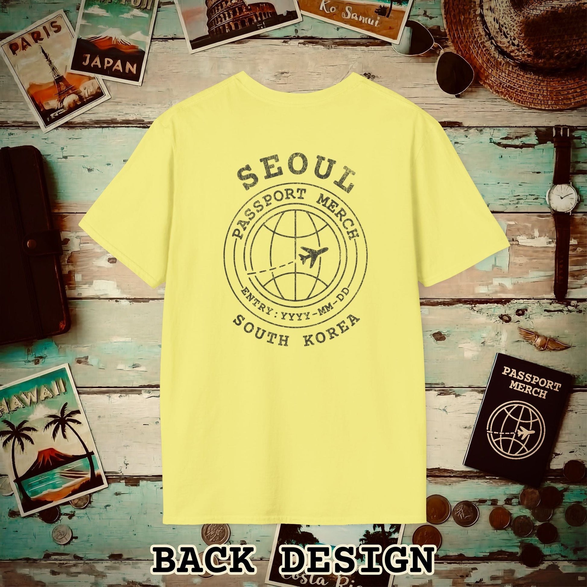 Brand Passport Stamp, Seoul South Korea, Back Print T-Shirt Cornsilk / S