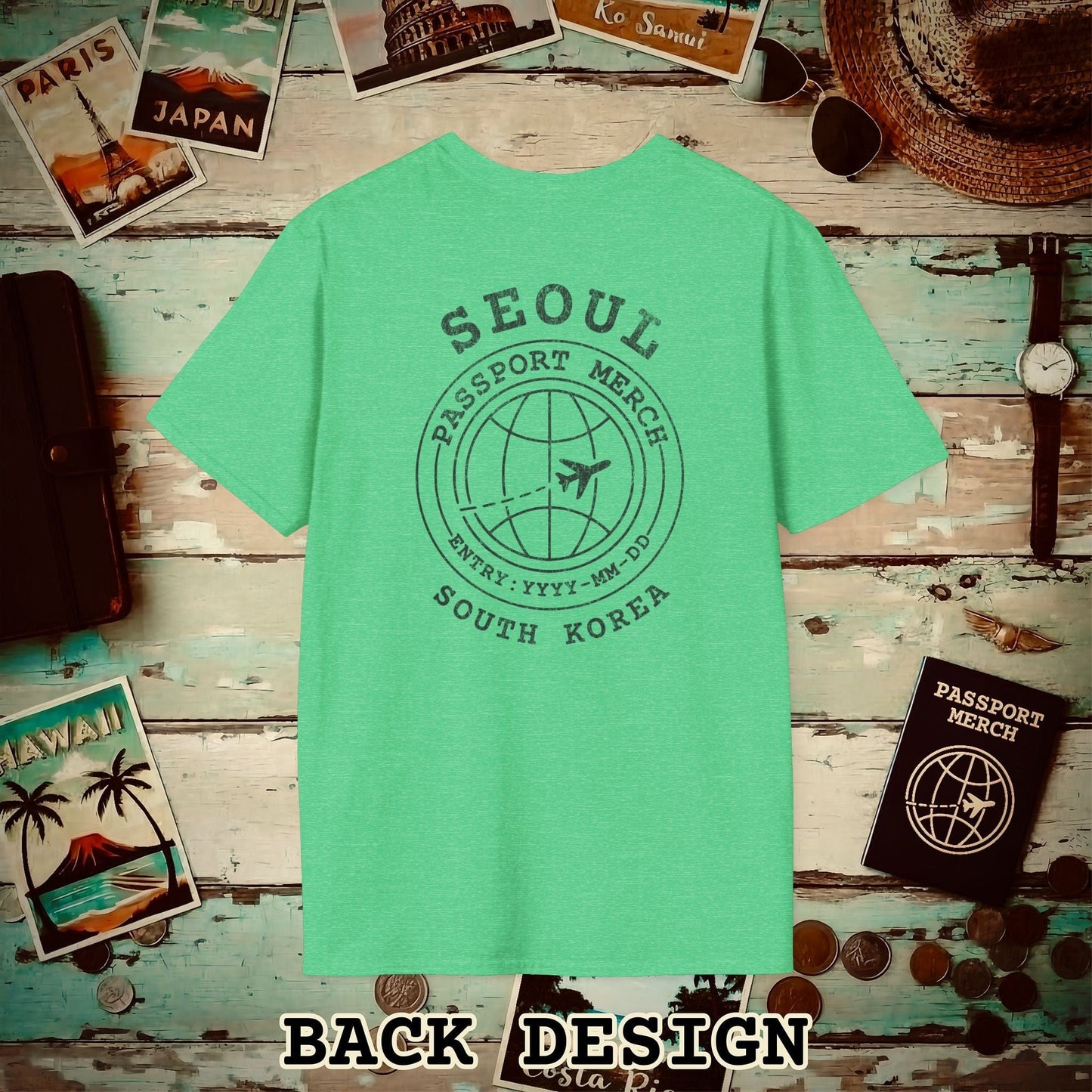 Brand Passport Stamp, Seoul South Korea, Back Print T-Shirt Heather Irish Green / S