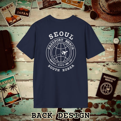 Brand Passport Stamp, Seoul South Korea, Back Print T-Shirt Navy / S